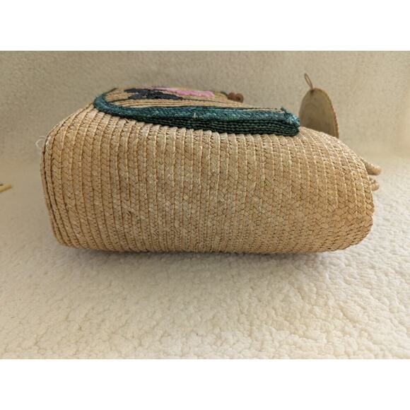 Vintage 1960’s Straw Bag Woven Floral Raffia Tote Handbag Travel Beach Bag - Picture 9 of 11